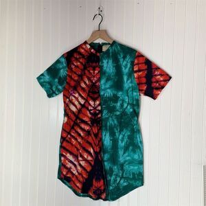 Mangishi Doll Tie-Dye Shirt Dress Abstract Green Red 4 Festival Witchy Goblin